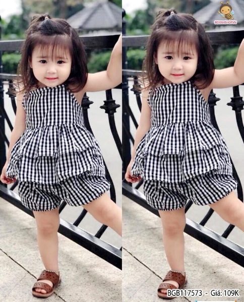 Set áo linen bèo túi trước quần bí caro dễ thương cho bé gái11222