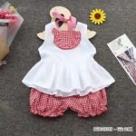 Set áo linen bèo túi trước quần bí caro dễ thương cho bé gái